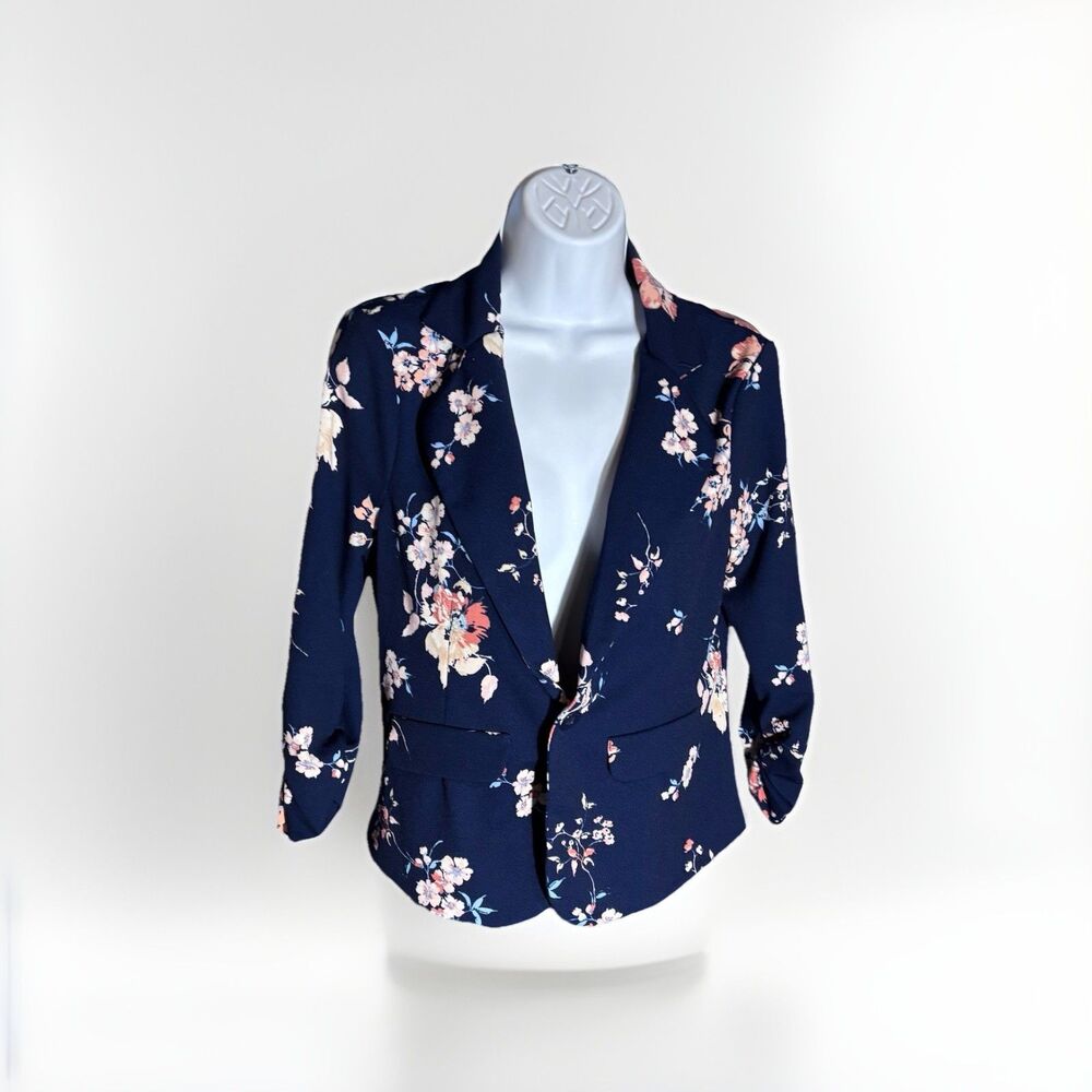 Crescent & Willough Navy Floral Blazer Size M Ruched Sleeve Lightweight Jacket